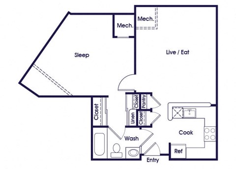 One bedroom one bathroom floor plan image at Victoria Park Apartments